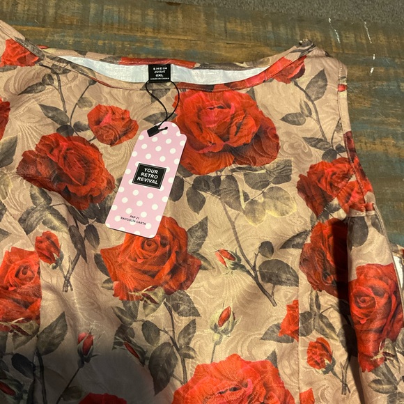 0XL SHEIN Vintage Style Gold with Roses Swing Style Boat Neck Dress - Picture 4 of 5